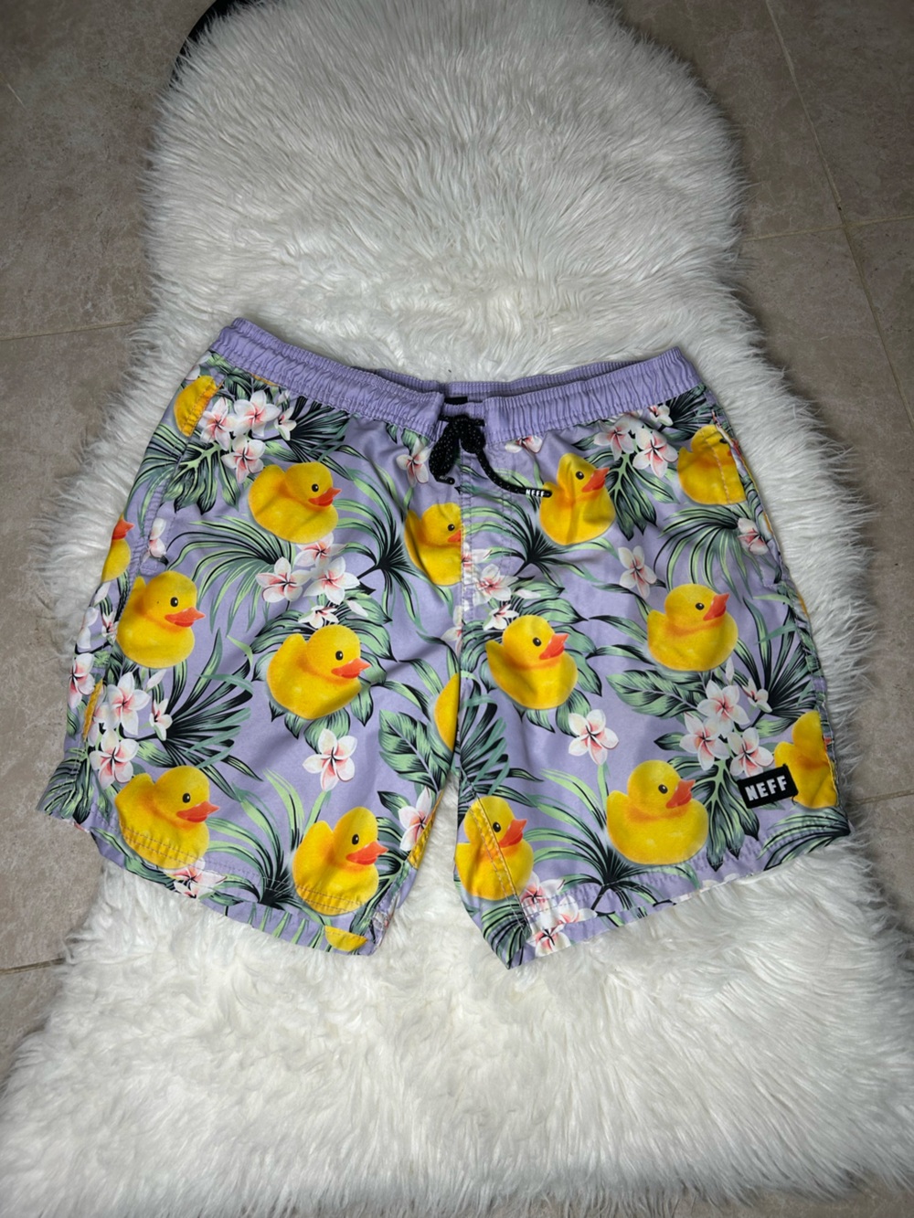 Neff Size S Lavender Swim Shorts with Yellow Duck Pattern Good condition